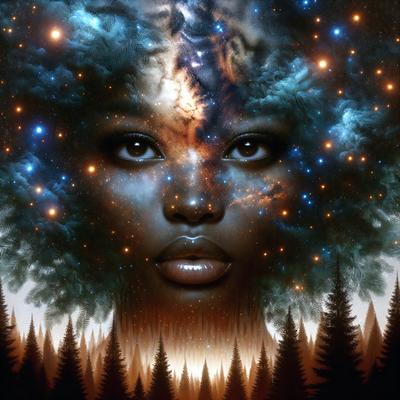 The primary subject of the image is a woman with a large afro, who is the main focus of the scene. She is surrounded by a beautiful and vibrant background featuring a tree and a sky filled with stars. The visual style of the image is a digital art or illustration, creating a unique and captivating atmosphere. The colors and mood of the image are predominantly warm and inviting, with the woman's afro and the starry sky contributing to a sense of freedom and creativity.